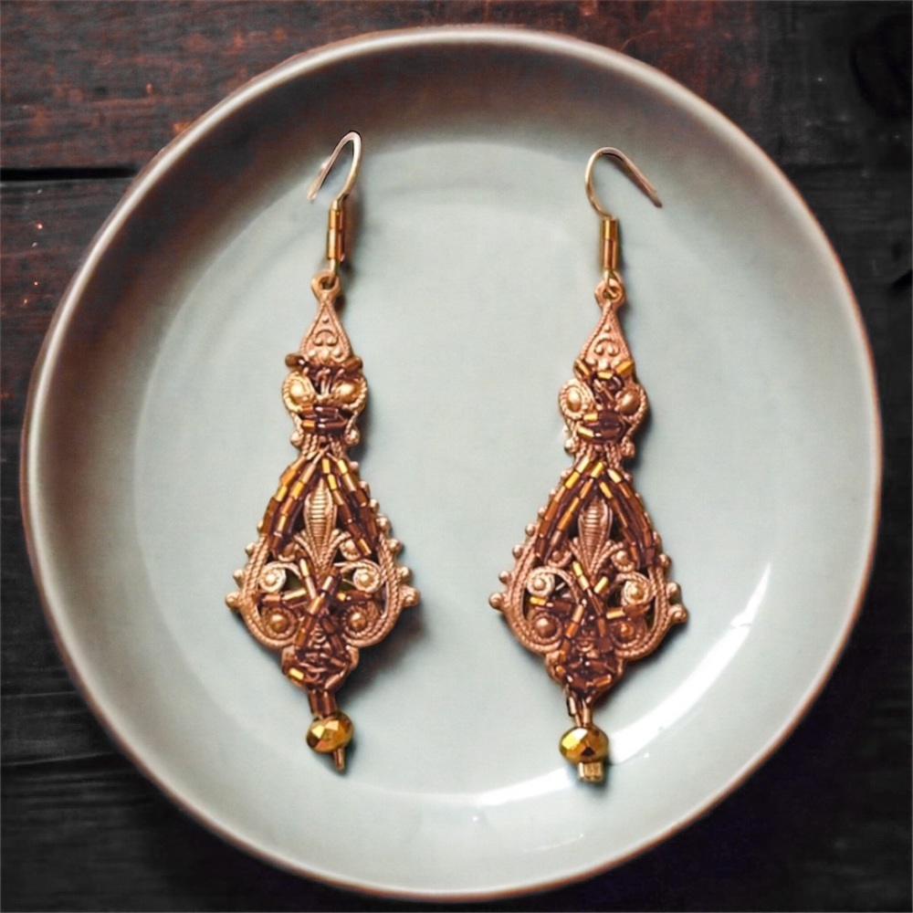 Artisan Victorian Earrings Beaded Gold Vintage
